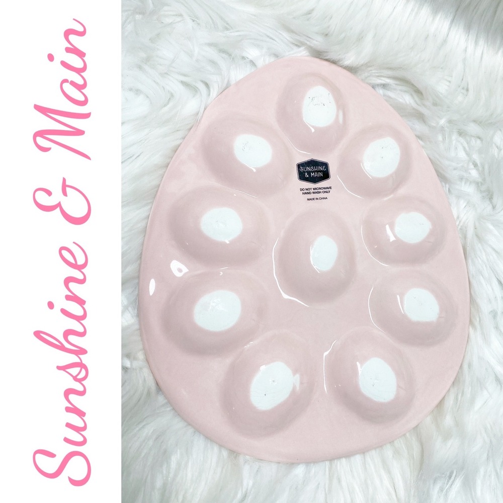 Sunshine & Main Pink Ceramic Egg Shaped Deviled Egg Platter Embossed Floral Tray - Picture 2 of 10